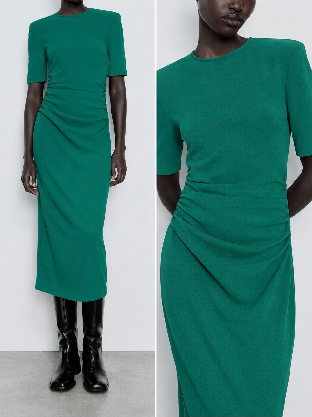 Zara Emerald Green Draped Midi Dress Shoulder Pads Size S
